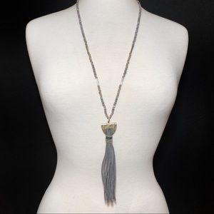 Grey Suede Glass Beaded Long Tassel Necklace